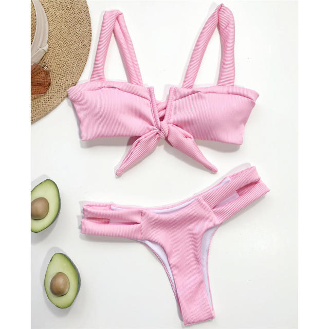 Pink Sexy V Shaped Ribbed Knotted Bikini Women Swimwear Weiblicher Badeanzug Zweiteiliger Bikini Set Badeanzug Schwimmen