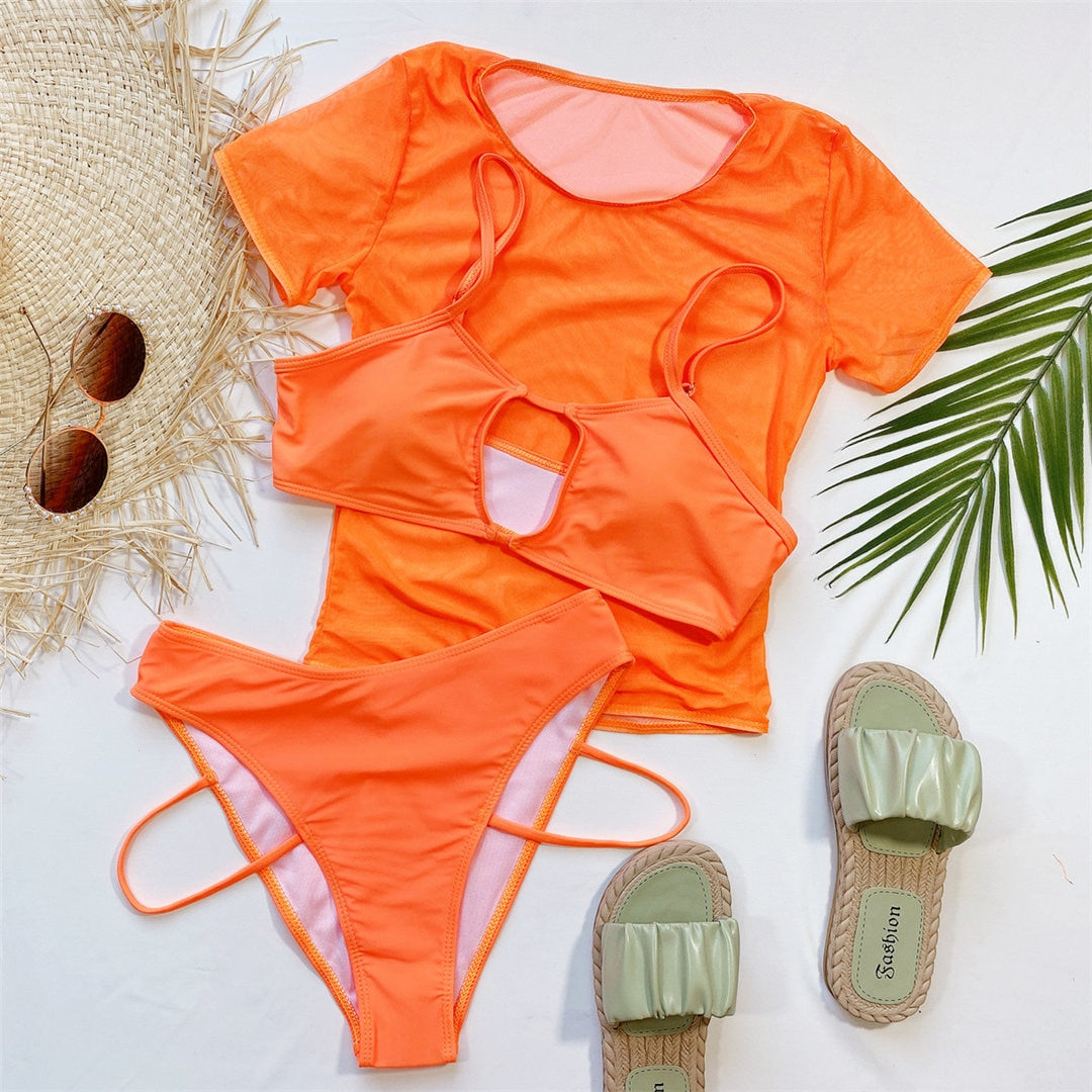 Orange Damen Badeanzug Hohe Taille Bikini Frauen Bademode Dreiteilige Bikini Set Kurze Ärmel Cover Ups Badende Badeanzug Schwimmen