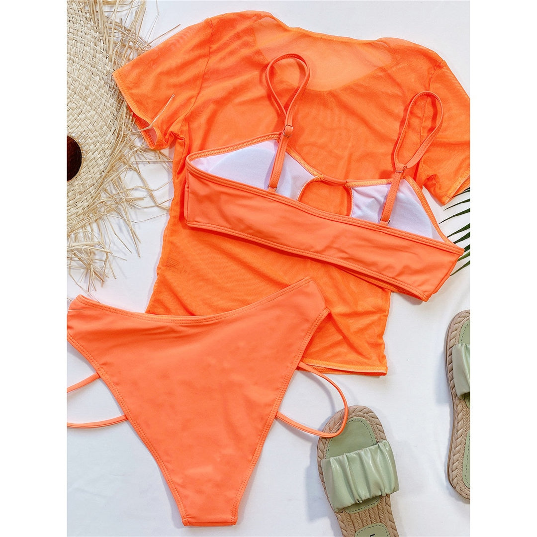 Orangefarbener Bikini mit kurzärmeligem Cover Up