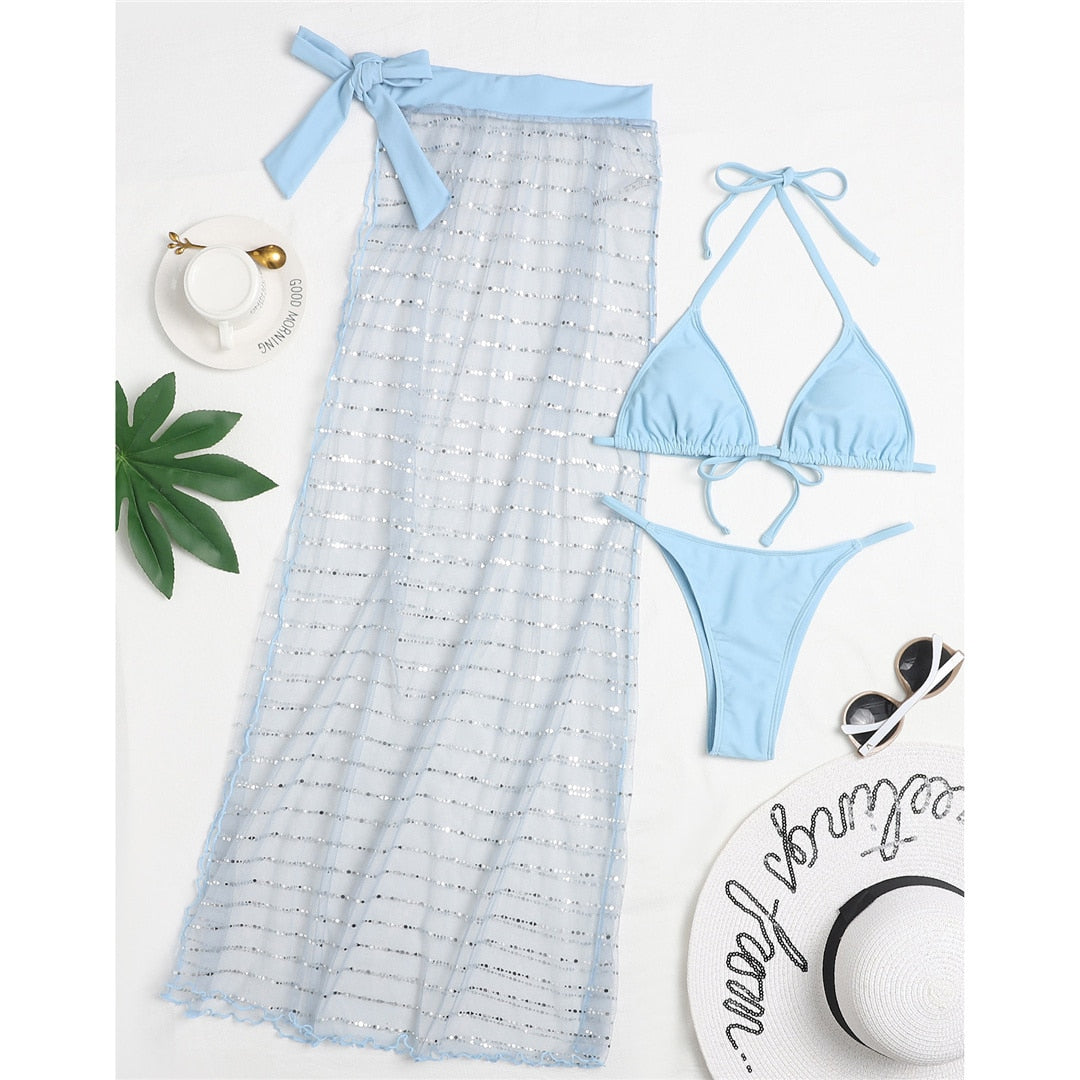 Neue Sexy Mit Glänzendem Rock Halter Bikini Blau Frauen Bademode Weibliche Badeanzug Dreiteilige Bikini Set Bade Badeanzug Schwimmen