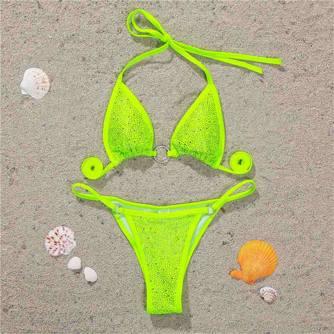 Grüner Neon Micro Tanga Brasilianisch Frech Bling Strass Mini Bikini Damen Badeanzug Frauen Bademode Zweiteilig Bikini Set Badeanzug Schwimmen Lady