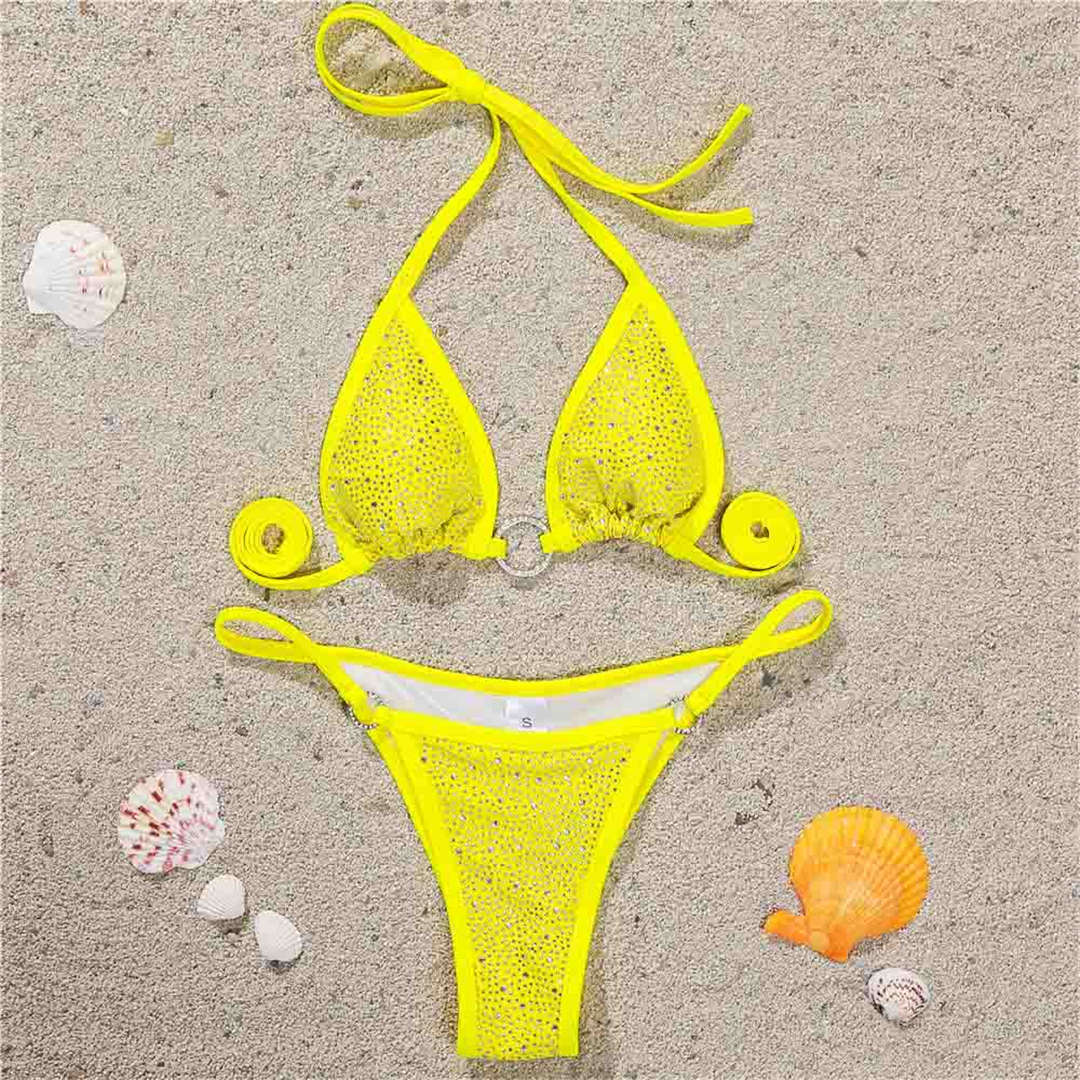Gelber Mikro-Tanga Brasilianisch Frech Bling Strass Mini Bikini Damen Badeanzug Frauen Badebekleidung Zweiteilig Bikini Set Badeanzug Schwimmen Lady