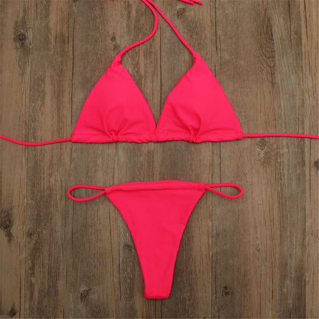 Neon Pink Brazilian Micro New Sexy Halter Tiny Thong Elastic Soft Bikini Women Swimwear Female Swimsuit Zweiteiliger Bikini Set Padded Mini Bather Badeanzug