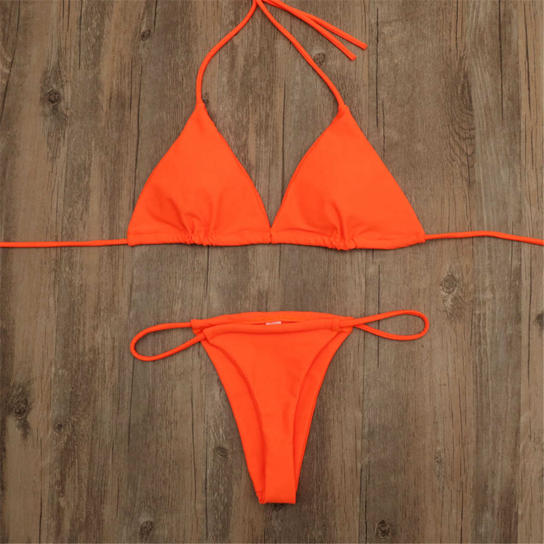 Orange brasilianischen Micro neue sexy Halter winzigen Tanga elastische weiche Bikini Frauen Bademode weibliche Badeanzug zweiteilige Bikini-Set gepolstert Mini Badeanzug