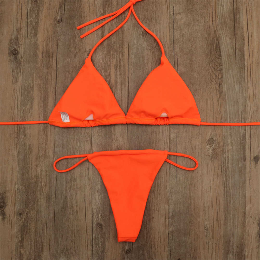 Orange brasilianischen Micro neue sexy Halter winzigen Tanga elastische weiche Bikini Frauen Bademode weibliche Badeanzug zweiteilige Bikini-Set gepolstert Mini Badeanzug