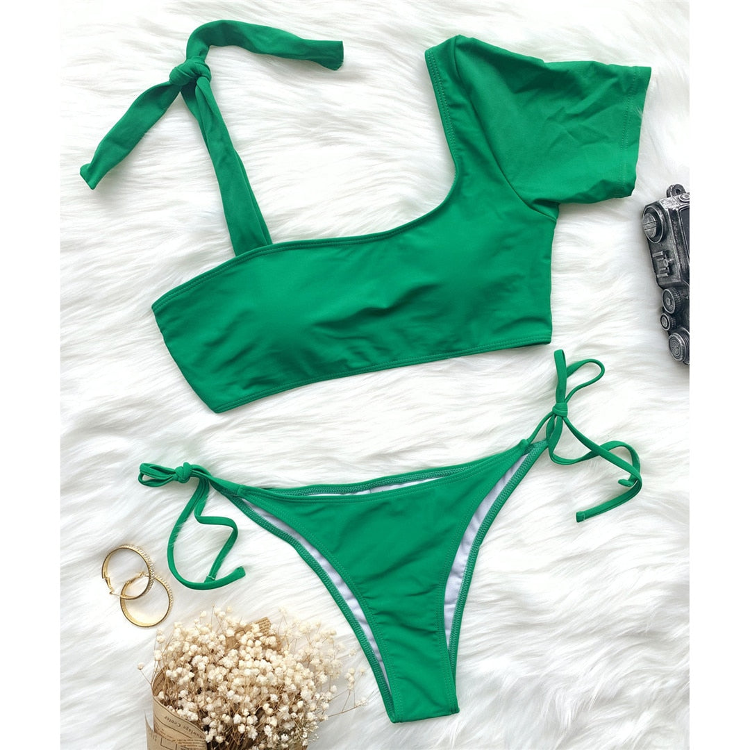 Grüner asymmetrischer Kurzarm-Bikini Damen-Badeanzug Damen-Badebekleidung Zweiteiliges Bikini-Set Brasilianische Badehose Badeanzug Schwimmen