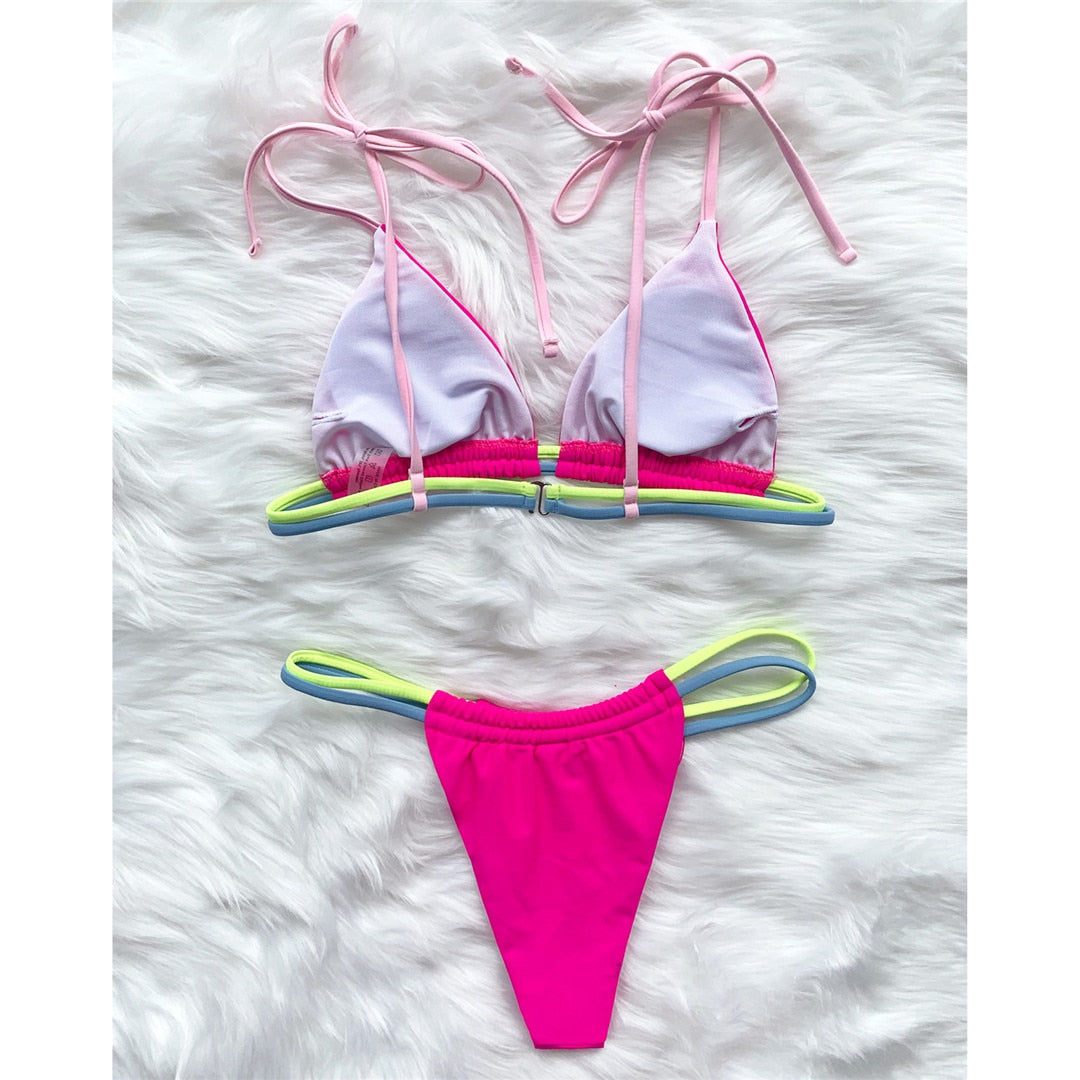 Rosa Neue Sexy Mini Tanga Neon Bikini Frauen Bademode Weibliche Badeanzug Zweiteilige Bikini Set Hohe Beinausschnitt Badeanzug Schwimmen