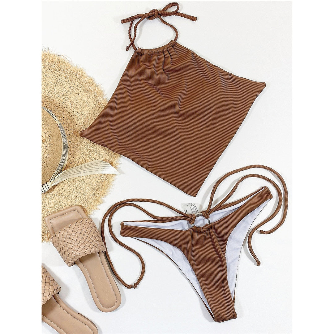 Braun Sexy High Neck Halter Ribbed Bikini Weibliche Badeanzug Frauen Bademode Zweiteilige Bikini Set Strappy Bather Badeanzug Schwimmen