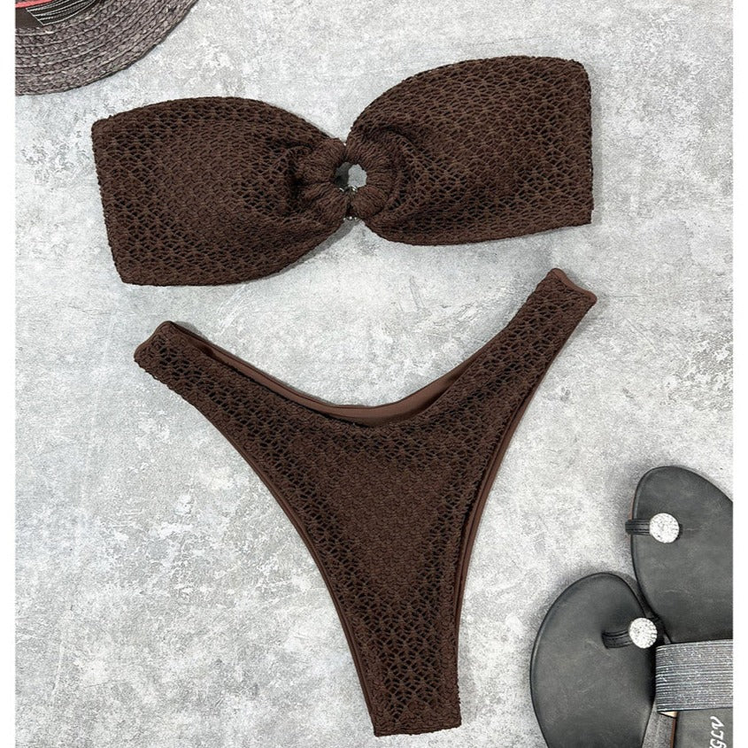 Brown Coffee Sexy Wrinkled Bandeau Strapless Bikini Women Swimwear Female Swimsuit Two-pieces Bikini set Bather Bathing Suit Swim Lady