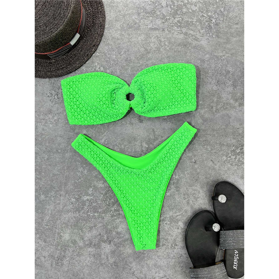 Neon Green Sexy Wrinkled Bandeau Strapless Bikini Women Swimwear Female Swimsuit Two-pieces Bikini set Bather Bathing Suit Swim Lady
