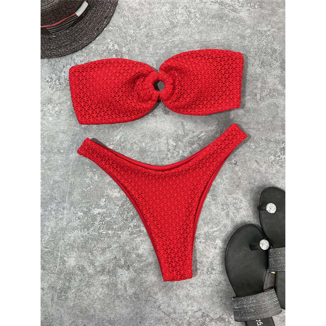 Red Baywatch Sexy Wrinkled Bandeau Strapless Bikini Women Swimwear Female Swimsuit Two-pieces Bikini set Bather Bathing Suit Swim Lady