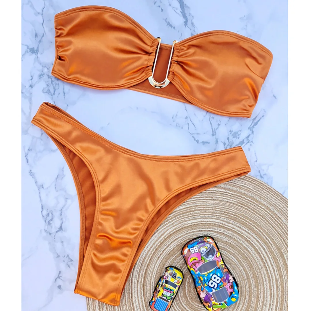 Chic Bandeau Strapless Bikini with Padded Top for Comfortable Support, Timeless Two-Piece Swimwear, Material Nylon, Spandex, Solid Pattern, Wire Free, Low Waist, Fits True to Size, Available in Wine Red, Dark Blue, Orange, Pink, White, Yellow, Neon Green, Black, Khaki, Blue, Dark Green, Gold