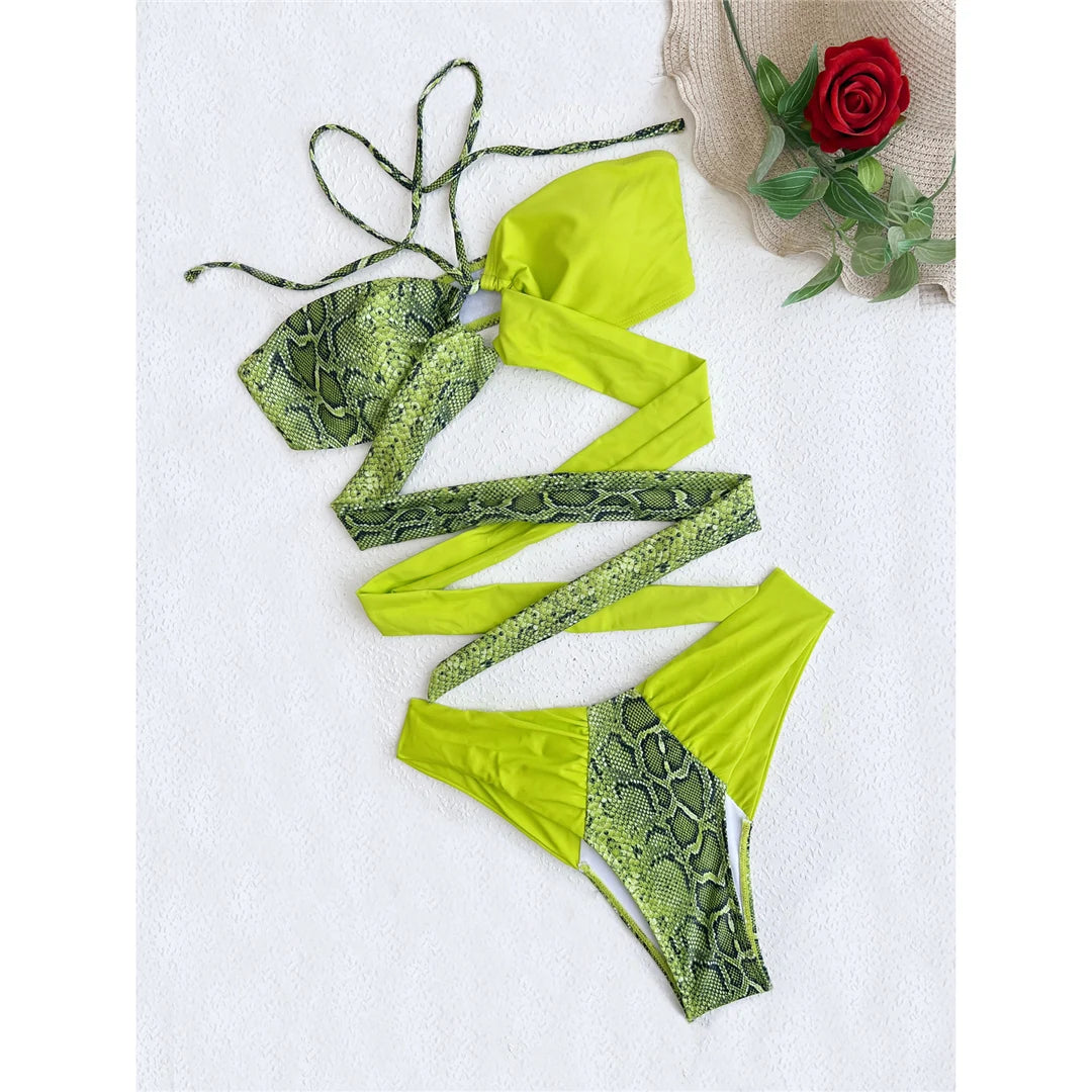 Halter Snake Skin Printed Bikini Set, Two Piece Swimsuit, Features Snake Skin Print, Made of Nylon and Spandex, Wire Free, Low Waist, Fits True to Size, Available in Women Sizes Extra Small, Small, Medium, and Large, CUVATI Brand, Free Shipping, Available in Green, Black, Blue, and Multicolor.