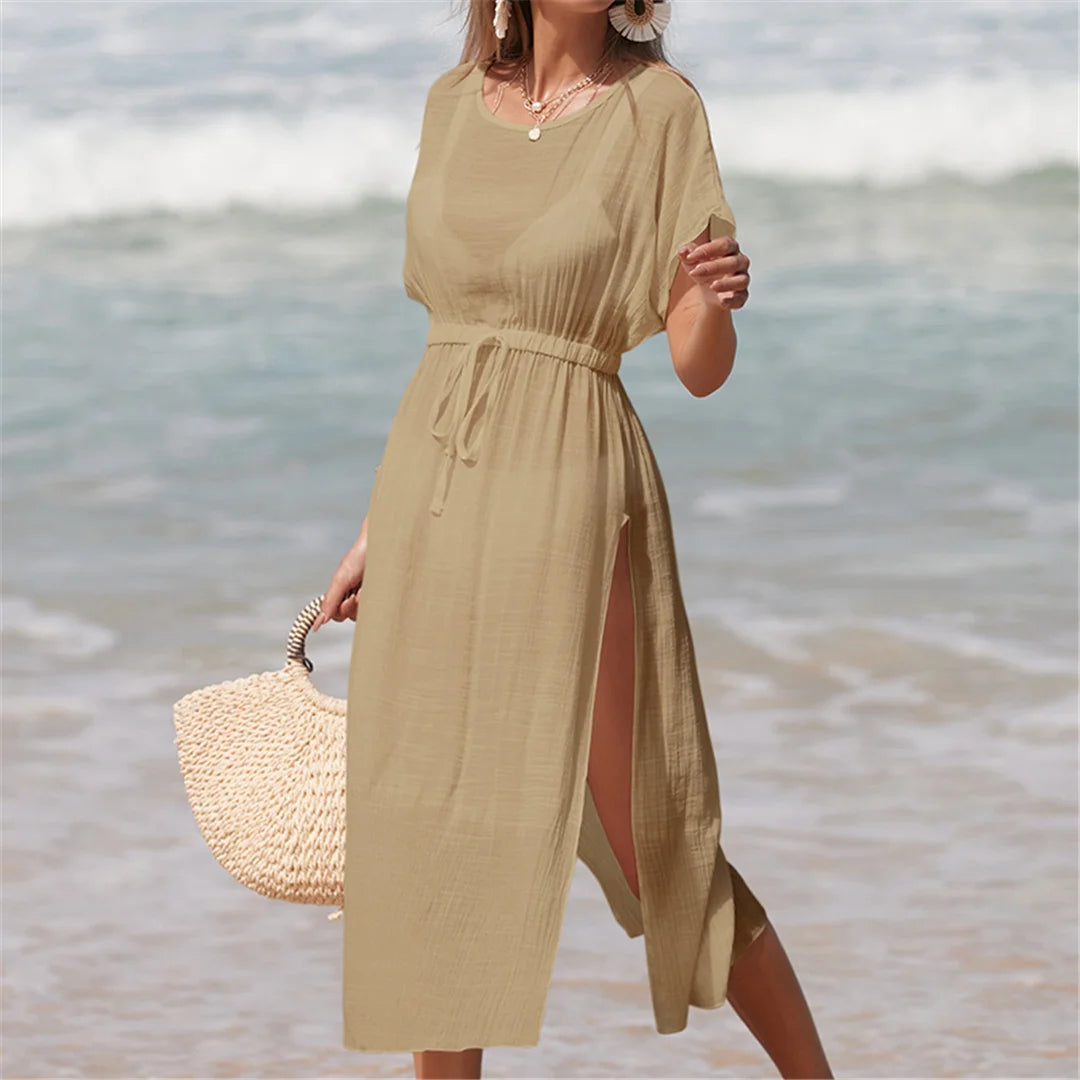 Short Sleeve High Split Crochet Knitted Tunic Beach Cover Up, Solid Colour, Made from Nylon, Polyester, and Cotton, Fits True to Size, Sizes Available S, M, L, Perfect for Women, In Stock, FreeShipping, Ideal for Adults Aged 18-35, Available in Khaki, White, and Black