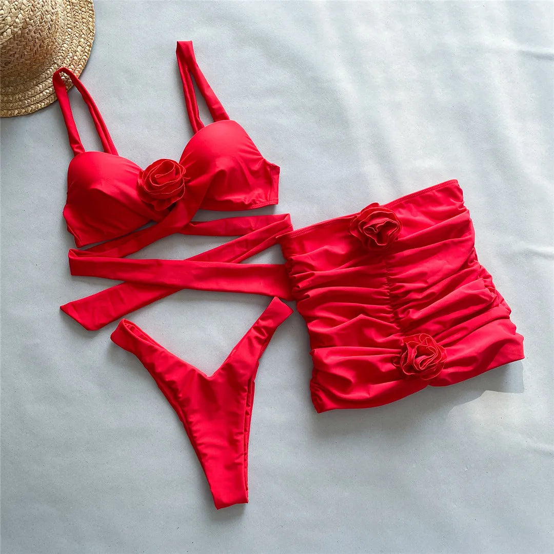 Three Piece Bikini Set with Playful Skirt and 3D Flowers. Red, Solid Color, Underwired Support. Designed with Nylon and Spandex. Fits True to Size, Low Waist Design. Perfect for Middle Age Women. Brand New and in Stock.