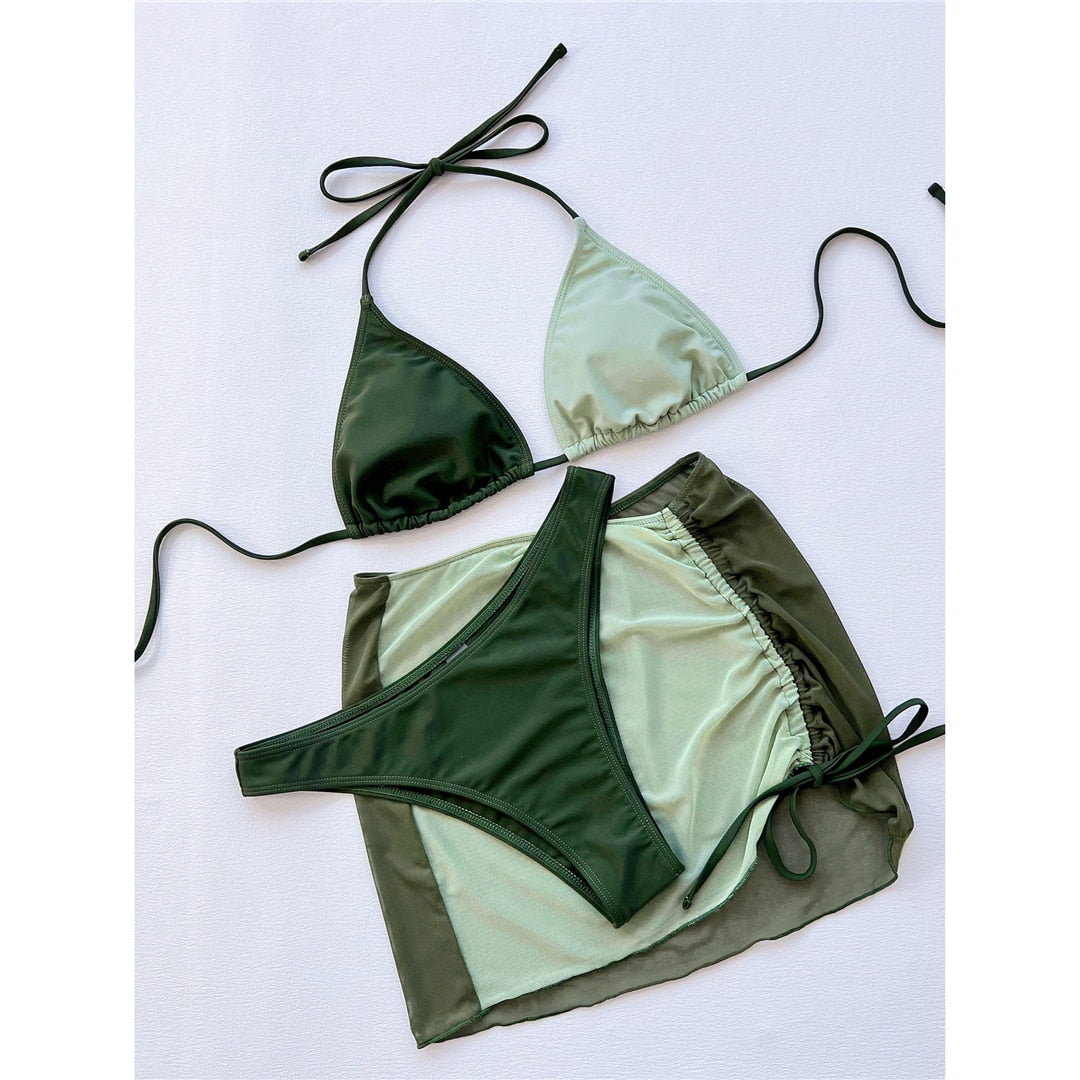 3 PCS Con Falda Empalme Halter Bikini Mujer Traje de baño Traje de baño de tres piezas Bikini conjunto Bañador Traje de baño Verde