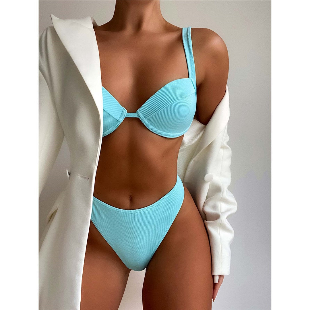Azul cielo Bikini de cintura alta Push Up Traje de baño femenino Conjunto de bikini de dos piezas con copa de sujetador Traje de baño de mujer