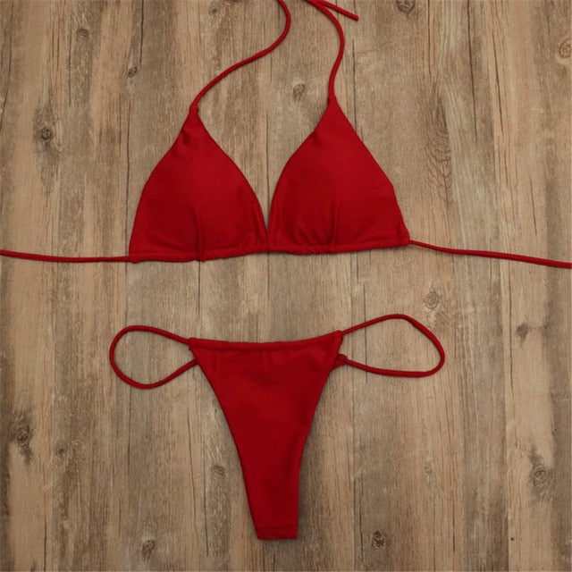 Vino Rojo Nuevo Sexy Halter Tanga Bikini Mujeres Traje de Baño Femenino Conjunto de Bikini de dos piezas Acolchado Mini Traje de Baño Brasileño Micro