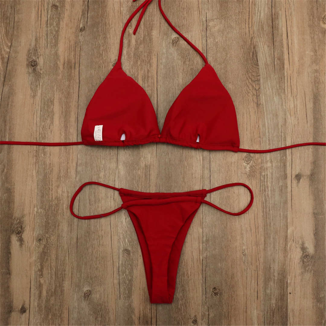 Vino Rojo Nuevo Sexy Halter Tanga Bikini Mujeres Traje de Baño Femenino Conjunto de Bikini de dos piezas Acolchado Mini Traje de Baño Brasileño Micro