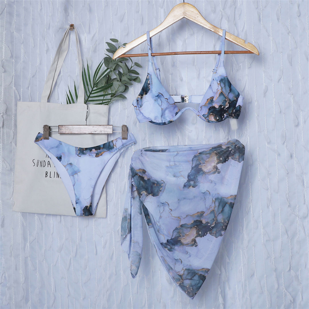 Mármol azul gris con forma de V con aros y pareo Traje de baño femenino Bañador de tres piezas Conjunto de bikini Bañador