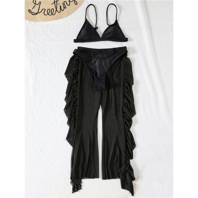 Bikini Negro Traje de Baño Femenino Conjunto de Bikini de Tres Piezas con Volantes Pantalones de Playa Traje de Baño