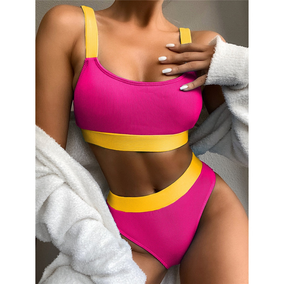 Rosa S - XL Empalme acanalado de cintura alta Bikini Mujer Traje de baño de dos piezas Conjunto de Bikini Bañador