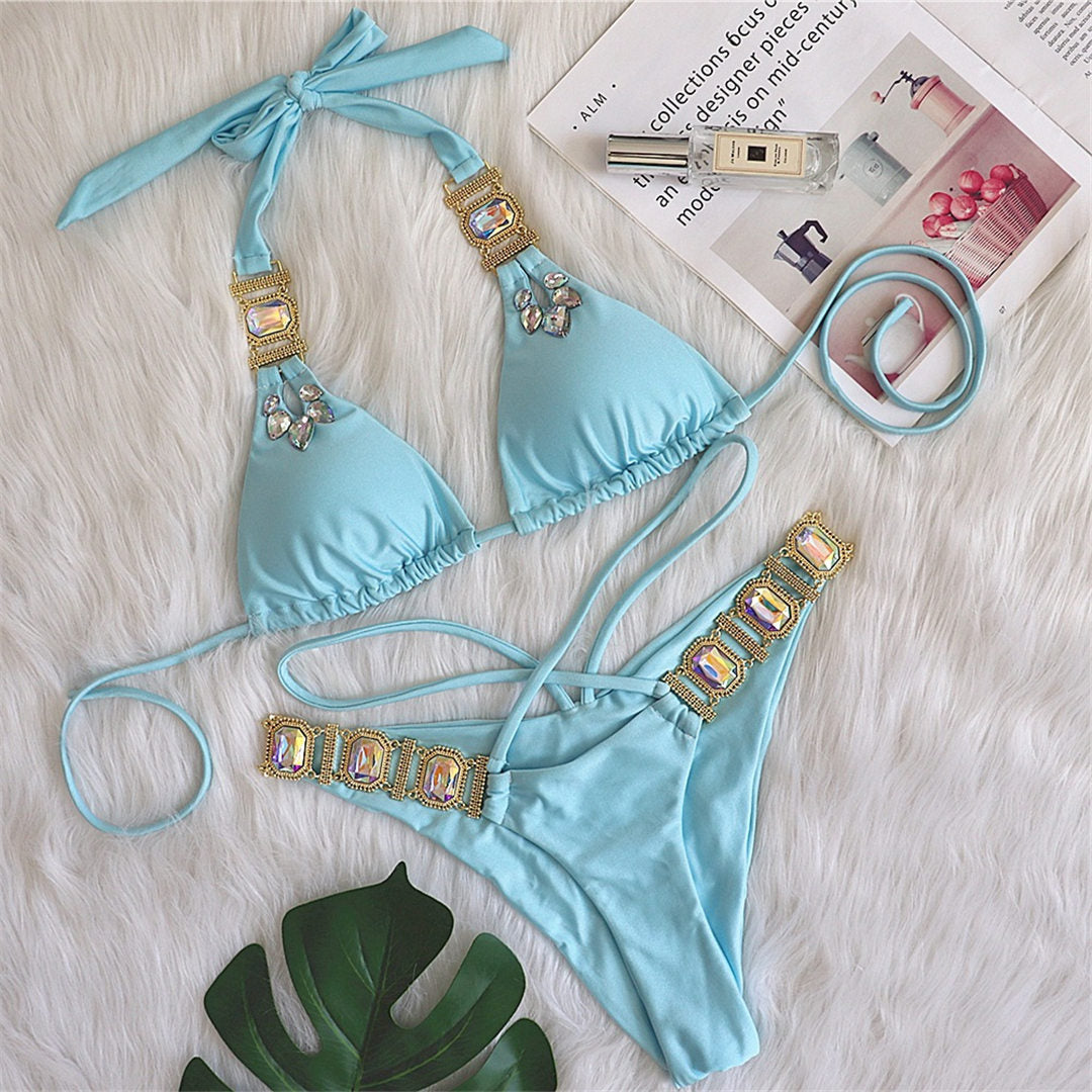 azul claro Lujo Diamante Joyas Bikini Mujer Traje de baño Traje de baño de dos piezas Bikini conjunto Bañador