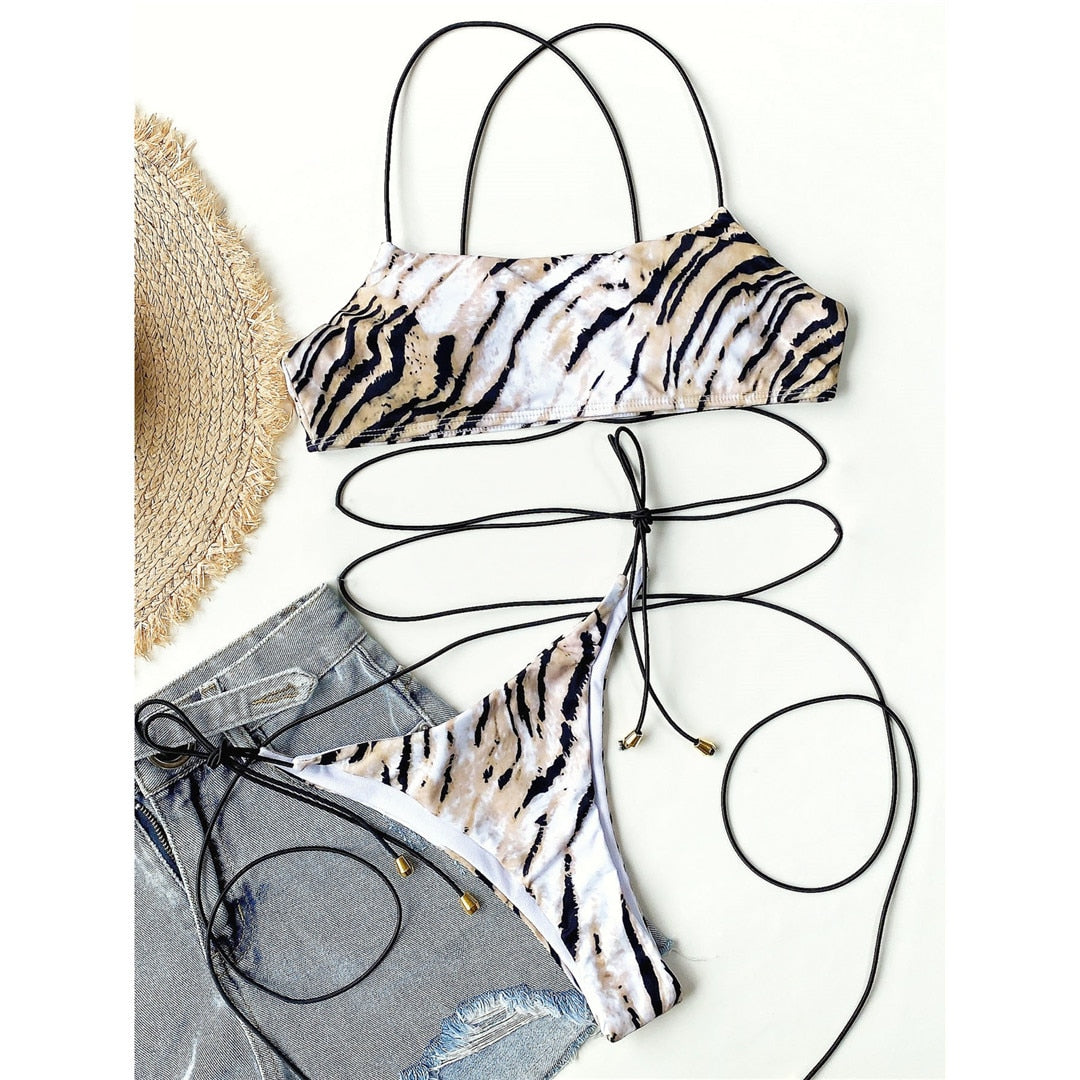 Sexy Tigre Impreso Envuelve Alrededor de Bikini Mujer Traje de baño de dos piezas Conjunto de Bikini Bañador Señora