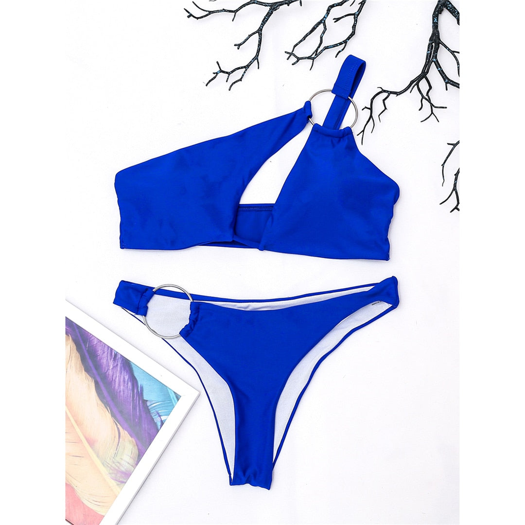 Azul Nuevo Asimétrico Recorte Bikini Mujeres Traje de baño Traje de baño femenino de dos piezas Bikini conjunto de corte alto Bañador Traje de baño Señora