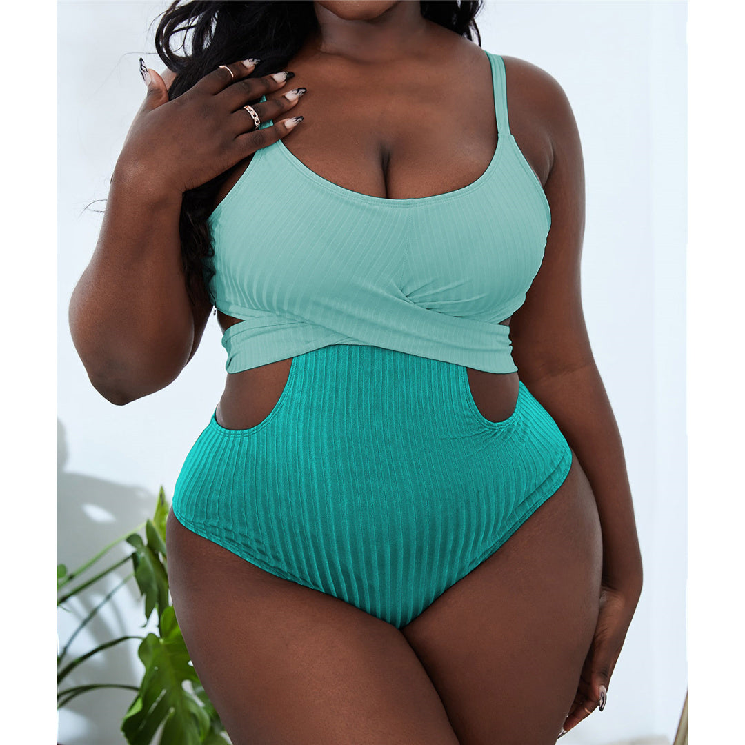 Green 0XL - 4XL New Splicing Cut Out Large Size Swimwear Plus Size One Piece Swimsuit Female Women Bather Bathing Suit Swim Lady