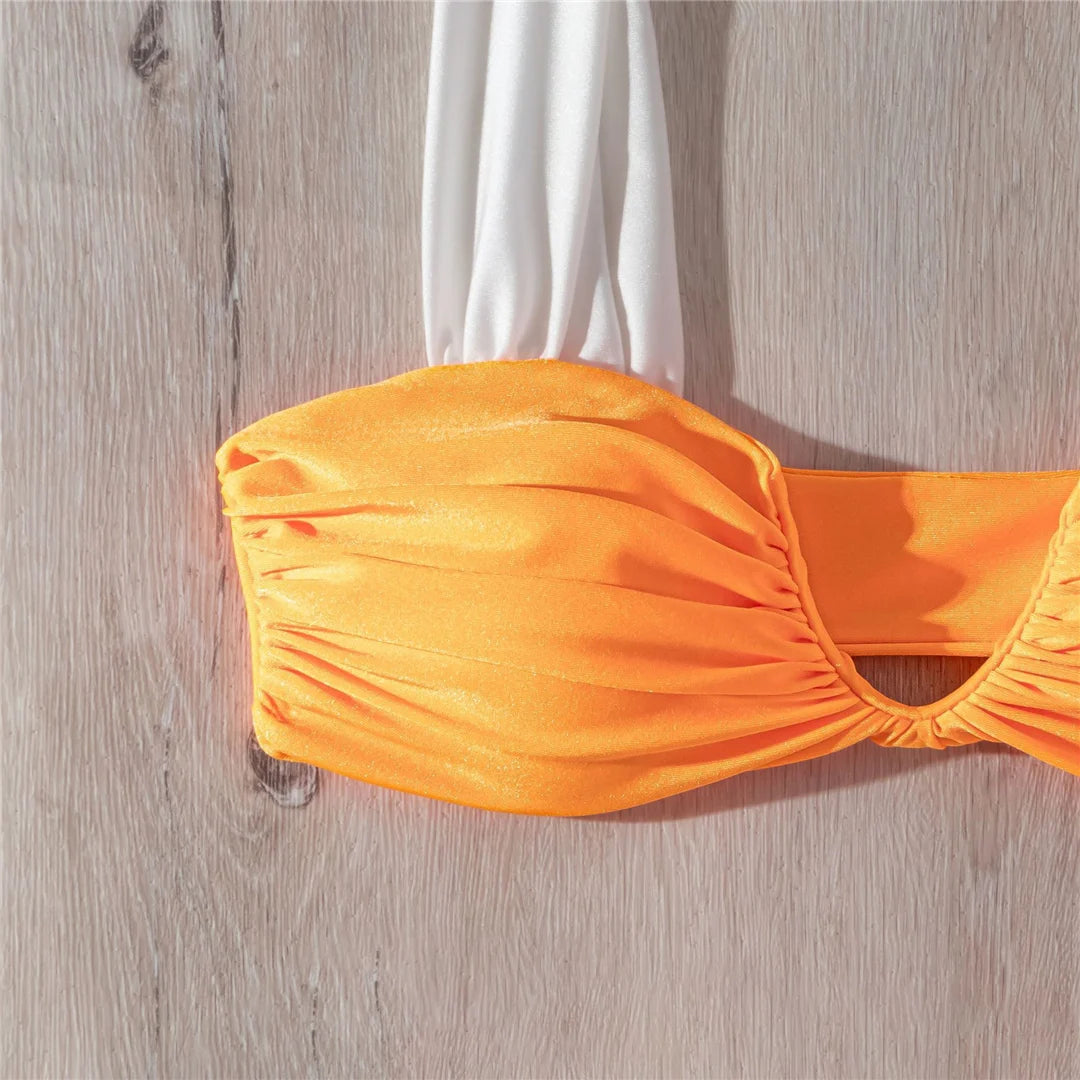 Chic Wrinkled V Neck Bikini Set, Maillot de bain deux pièces avec jambe haute et col en V, Fabriqué en Nylon et Spandex confortable, Motif solide, Ajustement fidèle à la taille, Sans fil avec design taille basse, Avec coussin pour plus de confort, Disponible en Orange, Red Bean, Pinkish, et Rouge, Parfait pour les femmes et le groupe d'âge adulte, En stock avec Livraison Gratuite, Etat Neuf