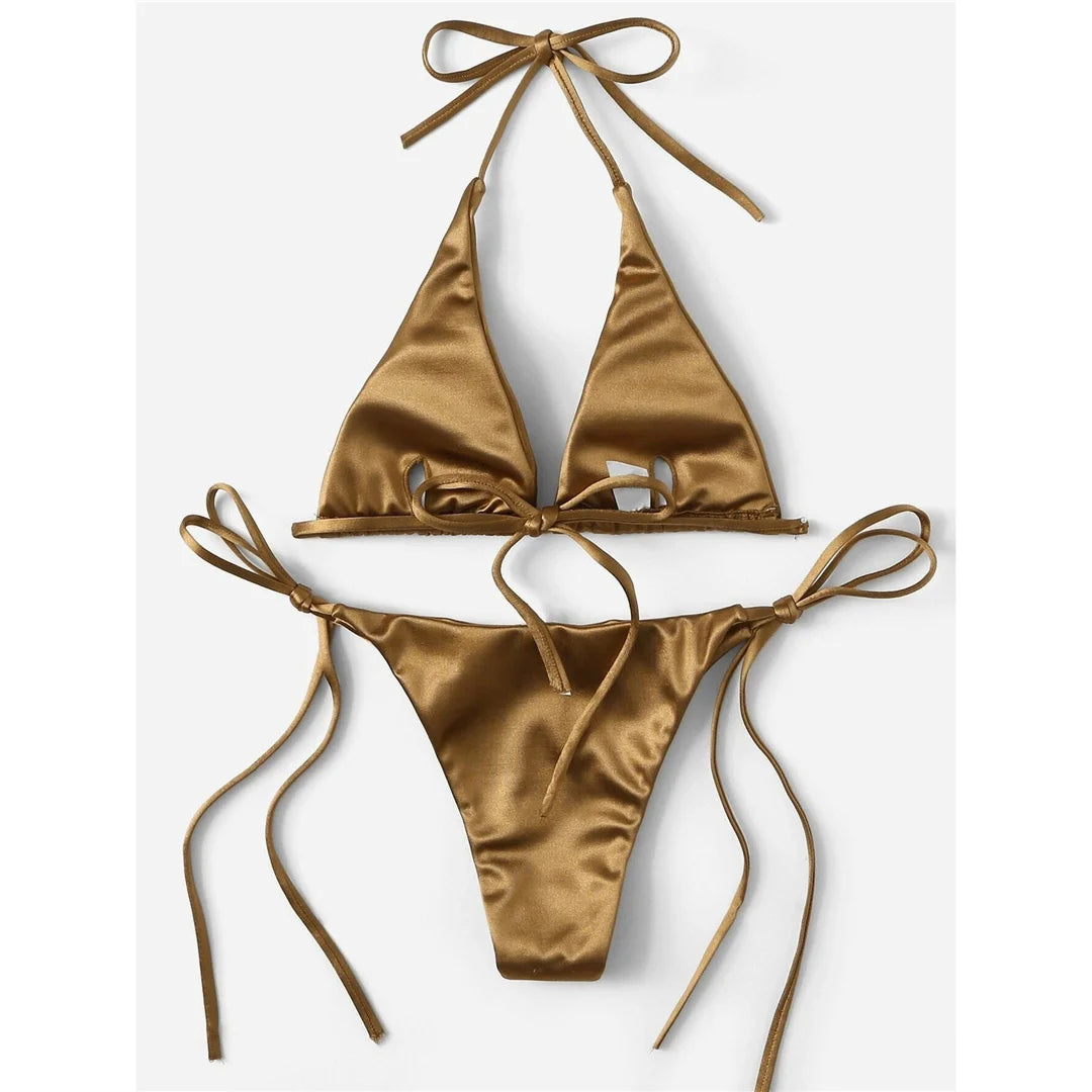 Luxueux ensemble de bikinis matelassés brésiliens deux pièces en satin dos nu pour femmes - Maillots de bain en nylon et spandex avec soutien sans fil métallique, ajustement à la taille, taille basse - Disponible en plusieurs couleurs