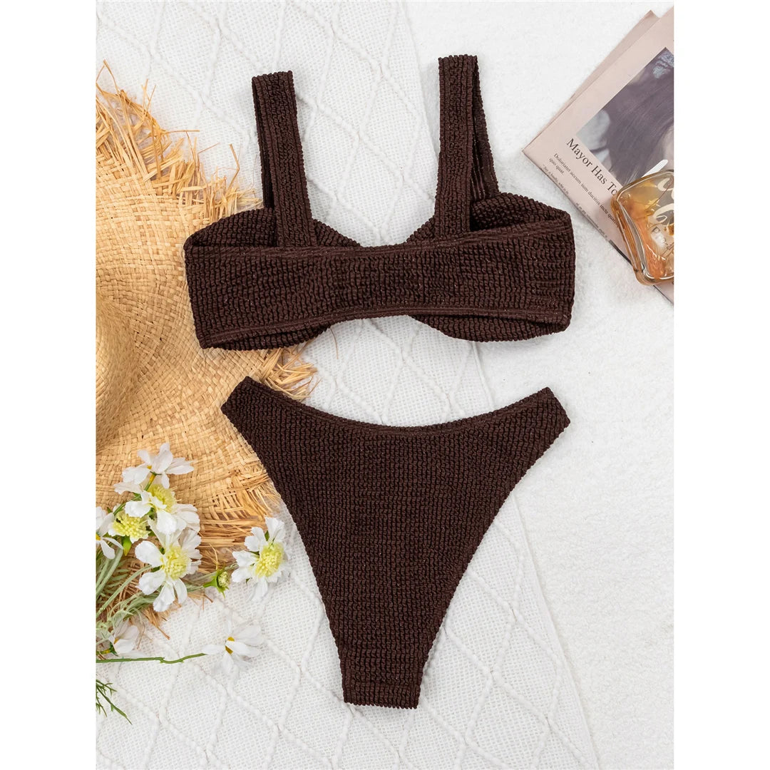 Crinkled Brazilian Bikini Set with trendy texture, flattering Brazilian cut, solid color, low waist, wire-free design for chic beach or poolside elegance.