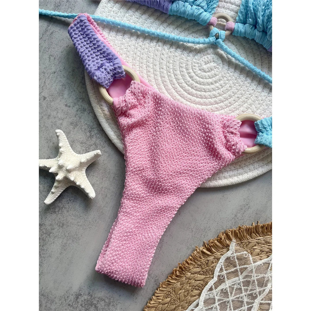 Crinkled Splicing Brazilian Bikini Set with stylish patchwork design, crinkled texture, low waist, wire-free, perfect for standout beach or poolside style.