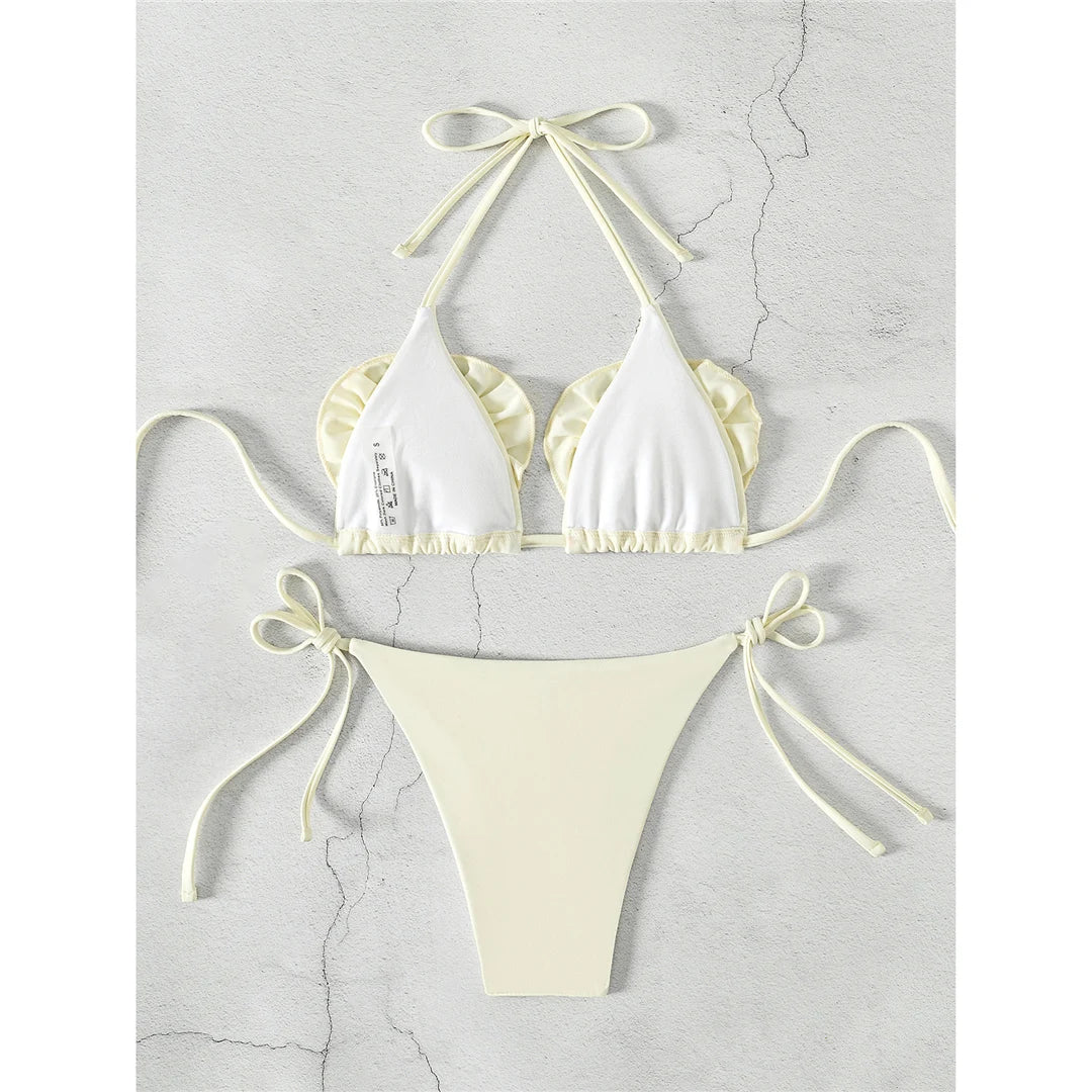 Bikini dos nu à fleurs 3D, maillot de bain deux pièces à bretelles, coupe haute, détails floraux, polyester, spandex, couleur unie, sans fil, taille basse, maillots de bain pour femmes, style moderne et élégant, beige.