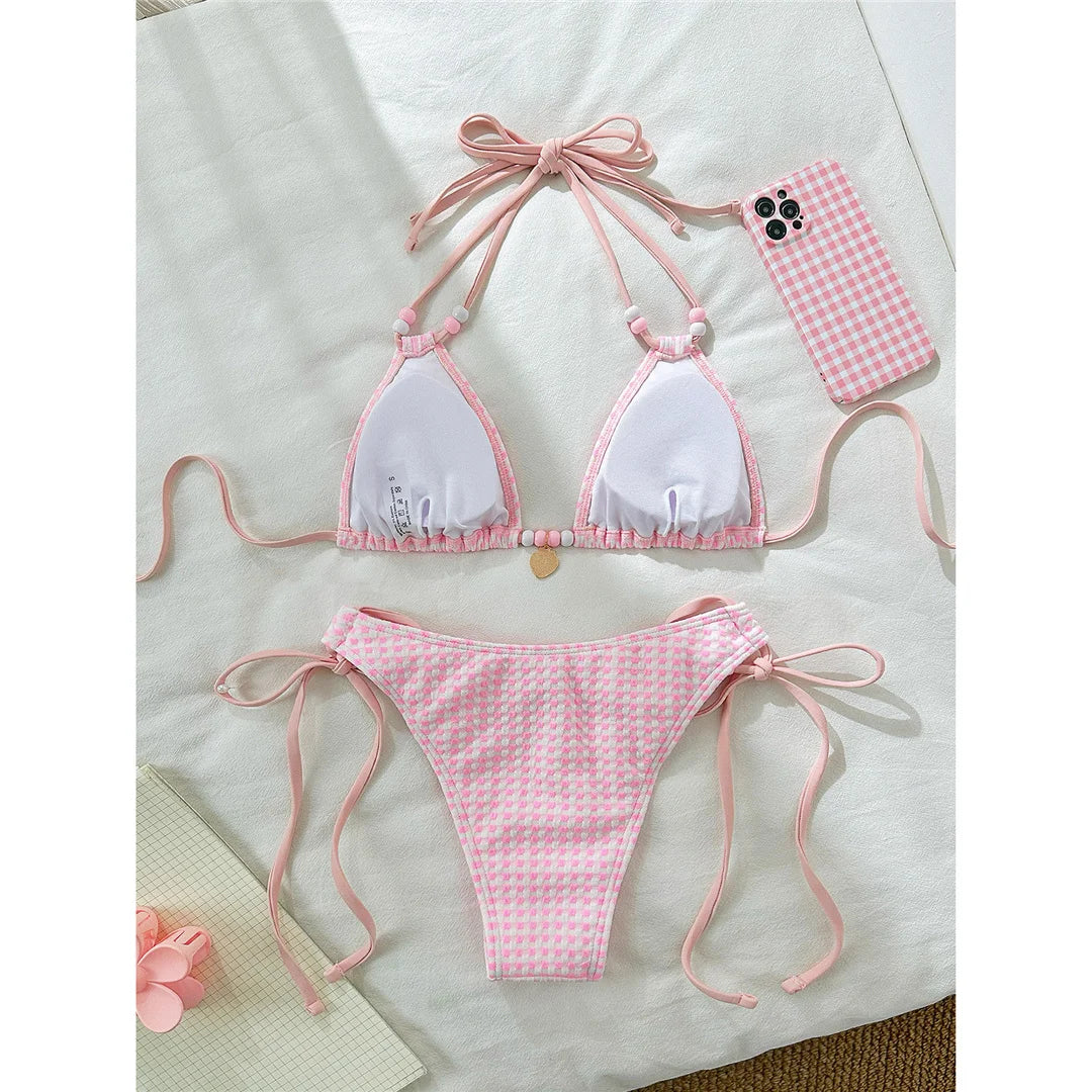 Plaid halter high-cut leg bikini set with a timeless plaid pattern and padded design for women.