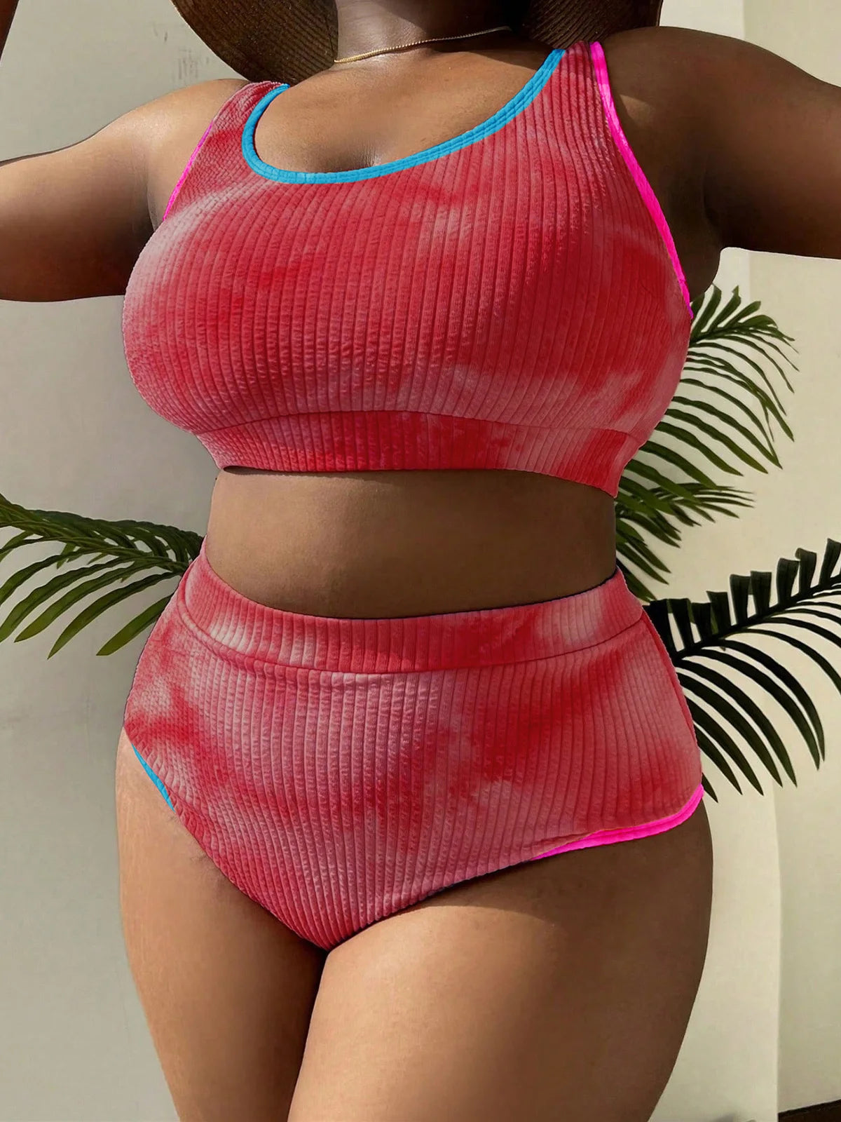 Bikini Tie Dye, deux pièces, grande taille, maillots de bain pour femmes, couleurs vives, polyester, spandex, sans fil, taille haute, coupe confortable, ensemble de bain à la mode, tenue de plage, vert, orange, rose, bleu ciel, noir, jaune.