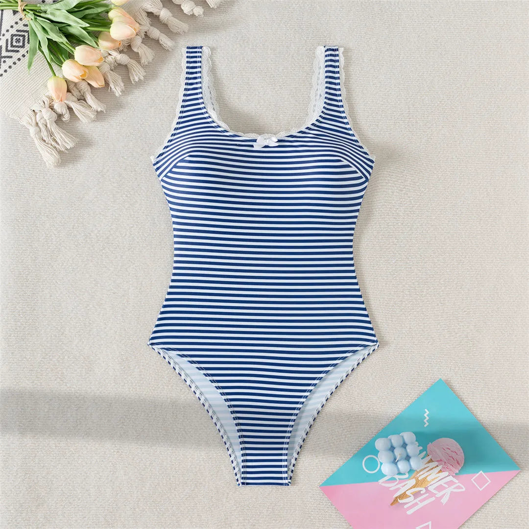 Striped Lace Backless Swimsuit