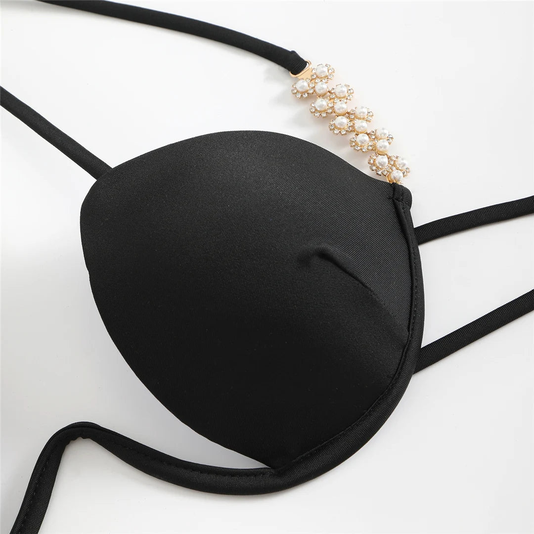 Pearls underwired bra cup Brazilian bikini set in solid black or white for an elegant and glamorous beach look with supportive cups.