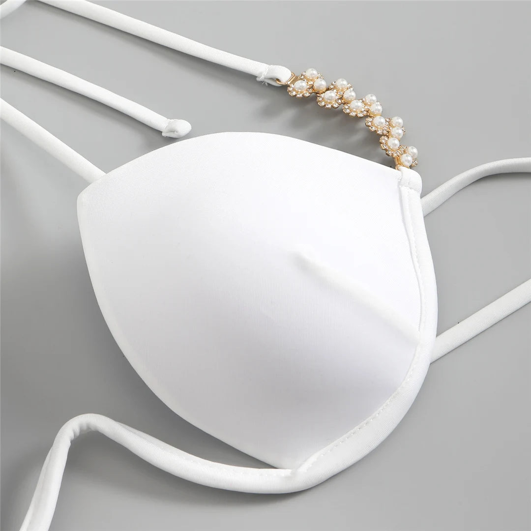 Pearls underwired bra cup Brazilian bikini set in solid black or white for an elegant and glamorous beach look with supportive cups.