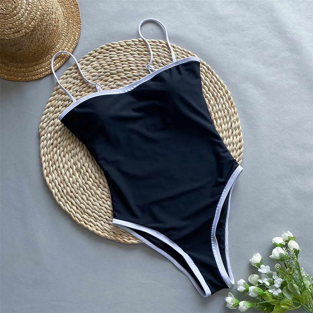 Splicing High Leg Cut One Piece Swimsuit in Beige and Black, Made of Nylon and Spandex, Designed for Women aged 18-35 and Adults, Fits True to Size, Available in Stock with Free Shipping