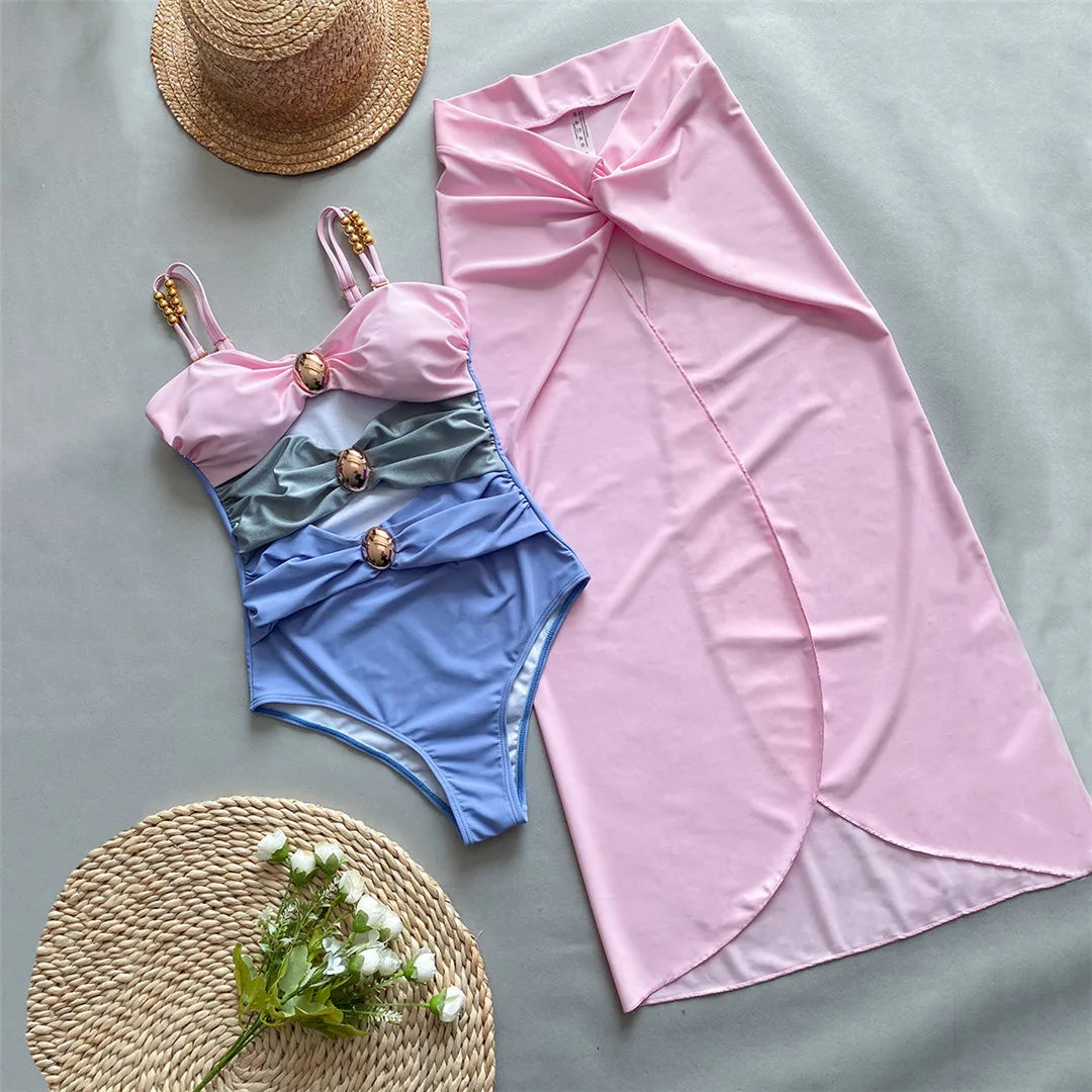 Maillot de bain une pièce avec jupe nouée, Monokini à texture froissée, Fait de Nylon et Spandex, Motif patchwork, Soutien sans fil, Taille réelle, Maillot de bain pour femme, Livré avec rembourrage, Disponible en Tailles Small, Medium, Large, et Extra Large, Couleurs Disponibles : Vert, Noir, Rose, Marron, Multicolore, Livraison gratuite.