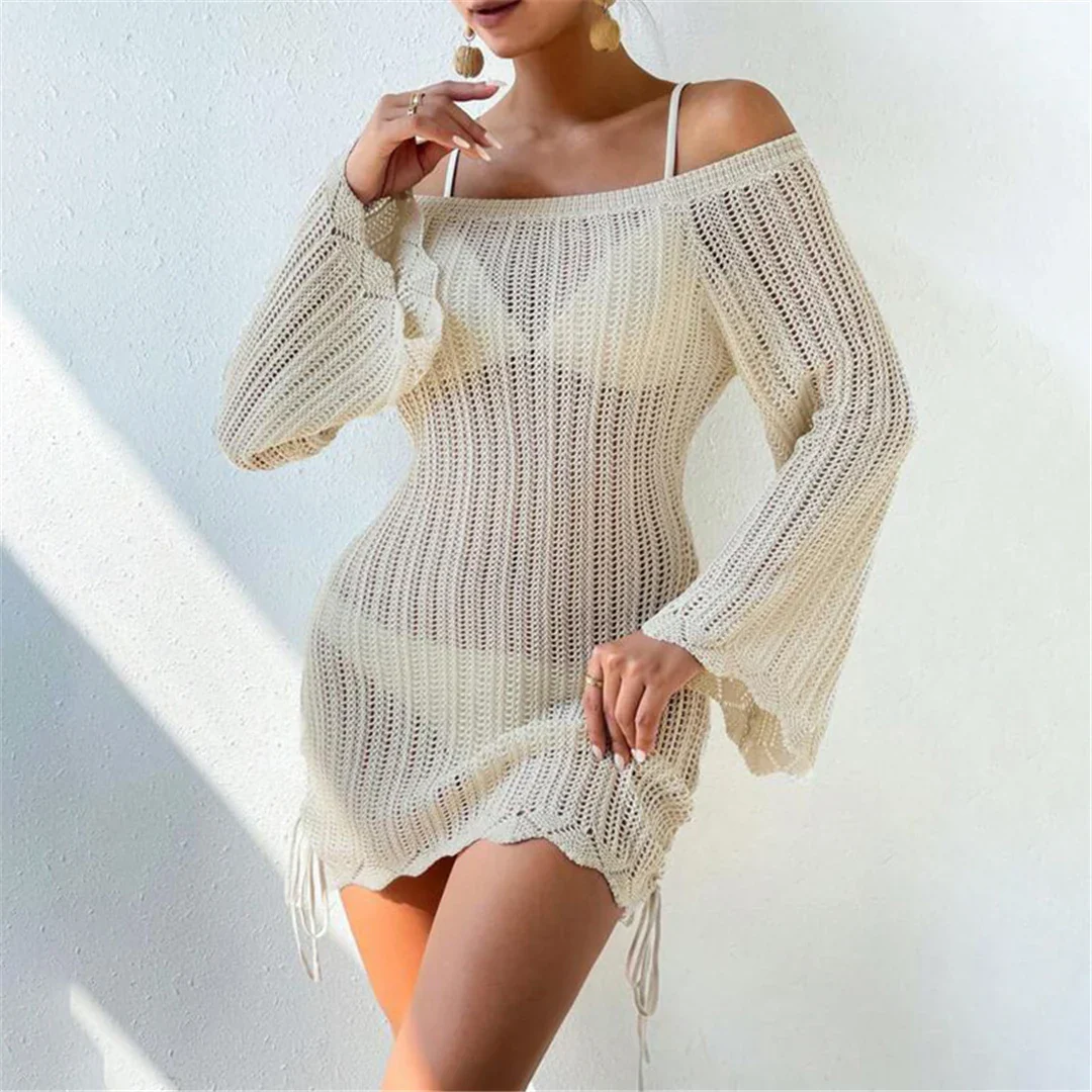 Hollow Out Long Sleeve Crochet Knitted Tunic Beach Cover Up in Beige, Made from Nylon, Polyester, and Cotton, Solid Pattern, True to Size, Available Sizes S, M, L, Ideal for Women, In Stock, Free Shipping, Perfect for Adults Aged 18-35