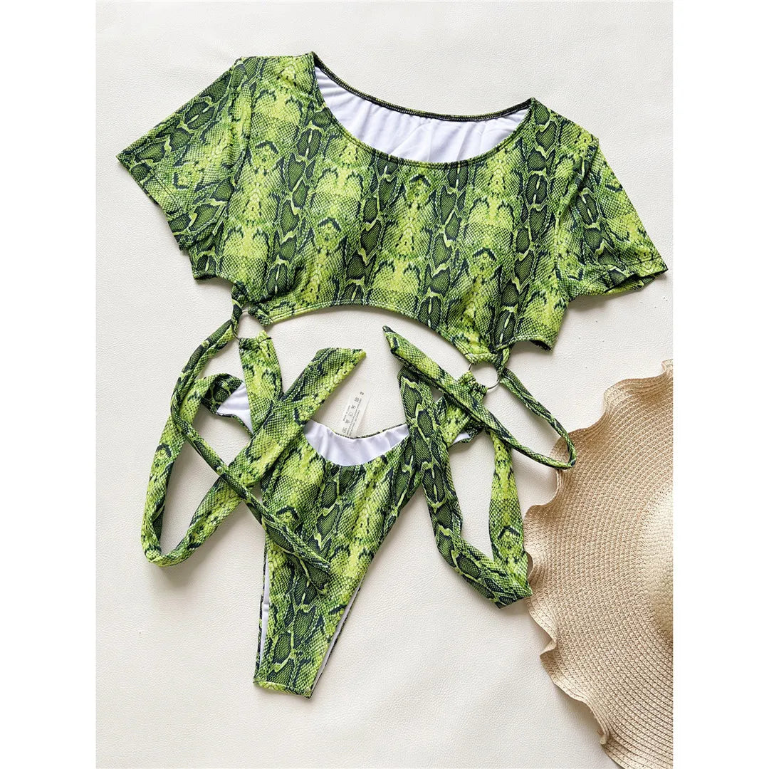 Snake Skin Tummy Cut Out One Piece Swimsuit in Green Snake Print, Short Sleeve High Cut Monokini Made From Nylon and Spandex, Fits True To Size, Available in Sizes S to XL, Ideal for Women aged 18-35 and Adults, Free Support Type, Perfect for Swim Sports, In Stock with Free Shipping