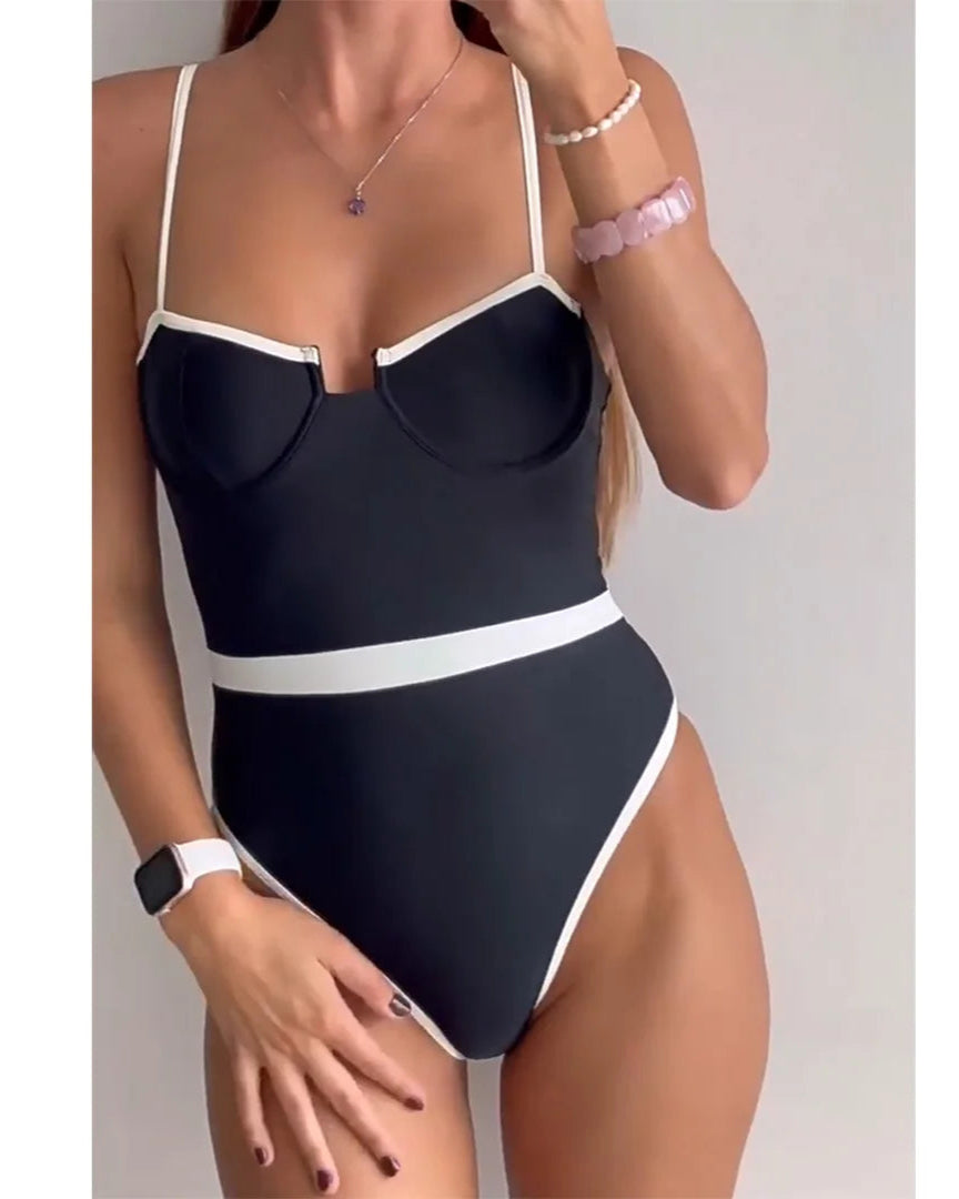 Maillot de bain une pièce à épissures, armatures, jambe haute, style triangle, polyester, élasthanne, bretelles réglables, monochrome, couleur unie, maillots de bain pour femmes, design élégant, coupe confortable, noir.