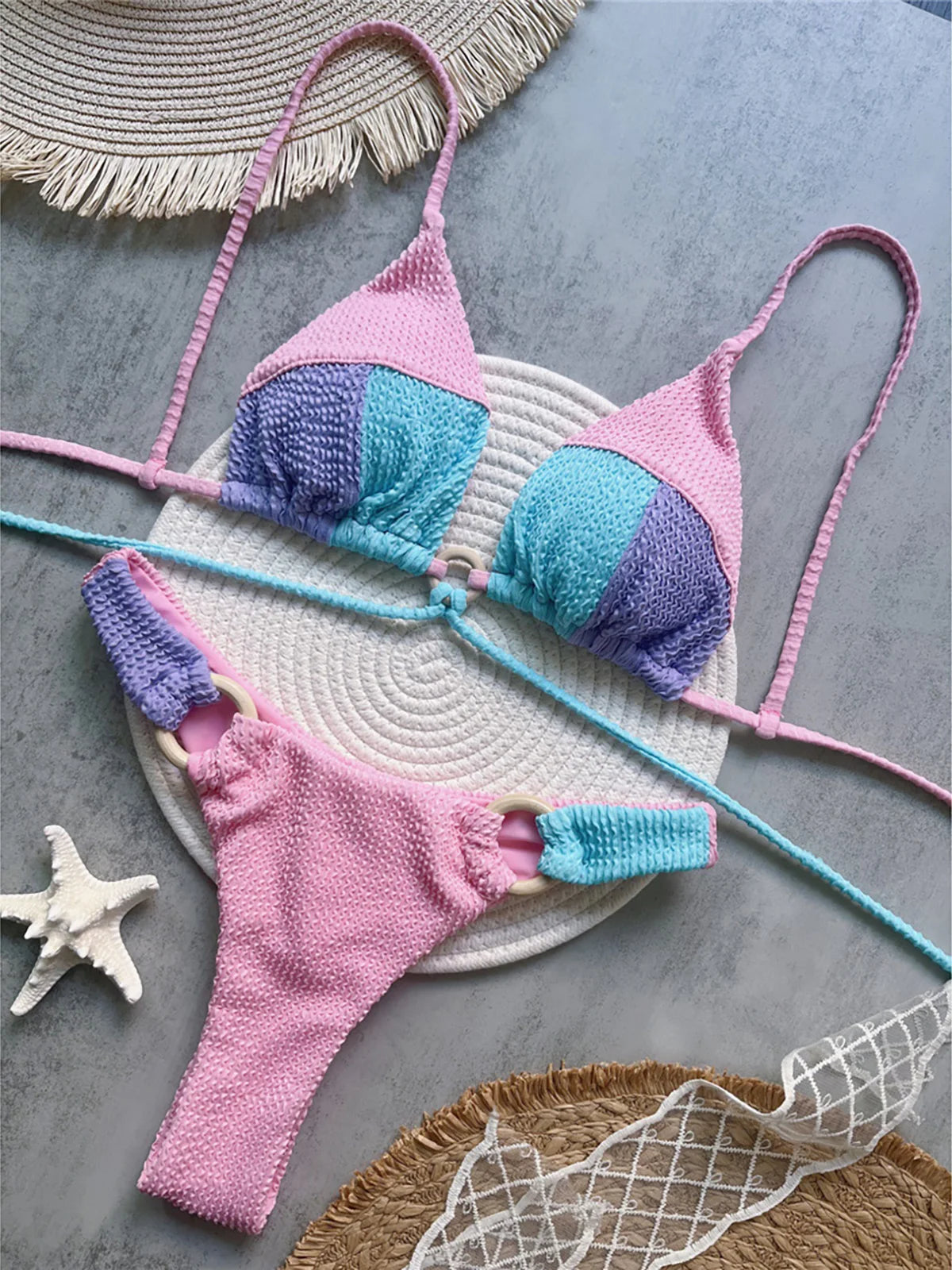 Crinkled Splicing Brazilian Bikini Set with stylish patchwork design, crinkled texture, low waist, wire-free, perfect for standout beach or poolside style.
