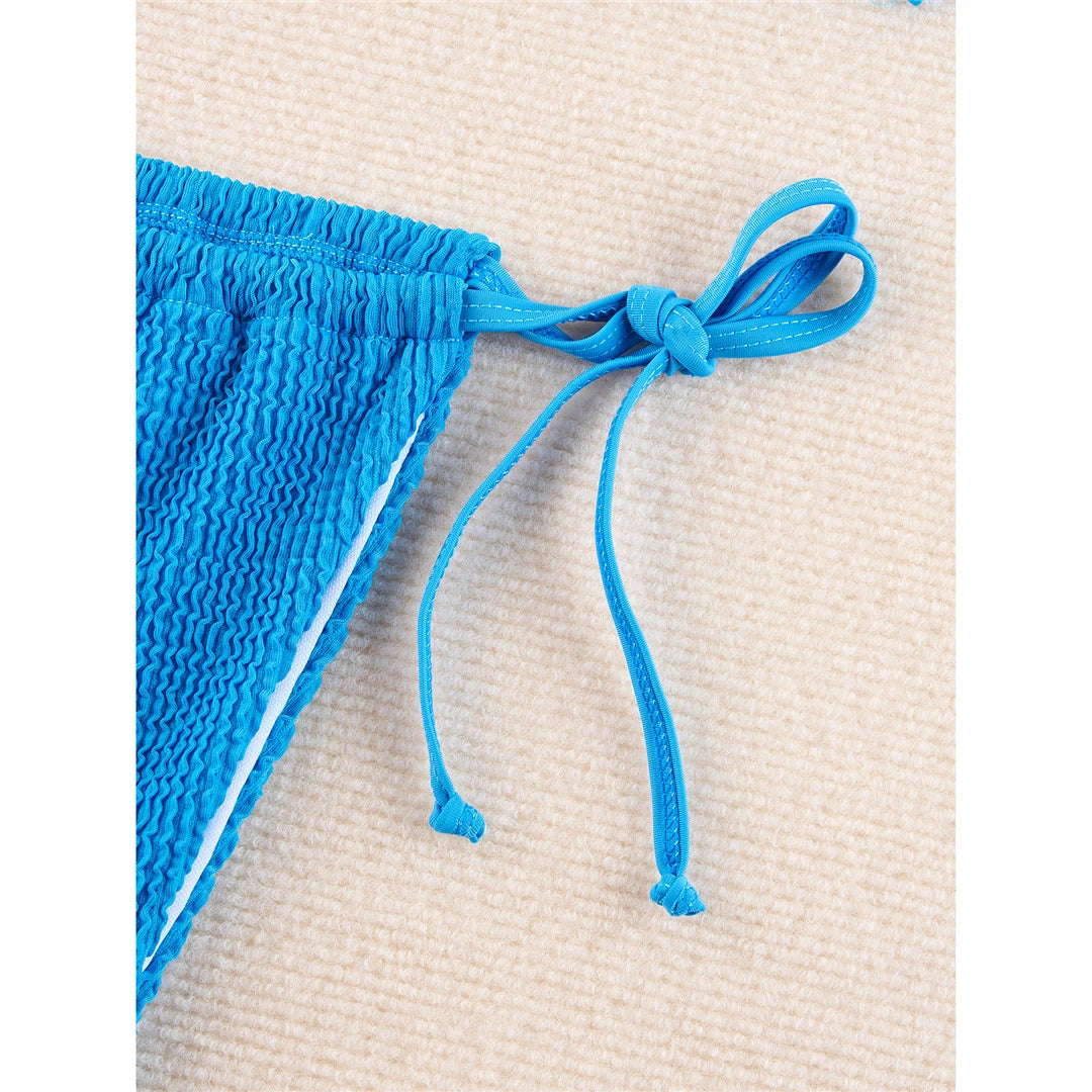 Ensemble bikini avec texture froissée élégante, coupe haute, dos croisé, nylon, spandex, solide, sans fil, taille basse, femmes, deux pièces en noir, bleu, vert, blanc, rose foncé, multicolore.