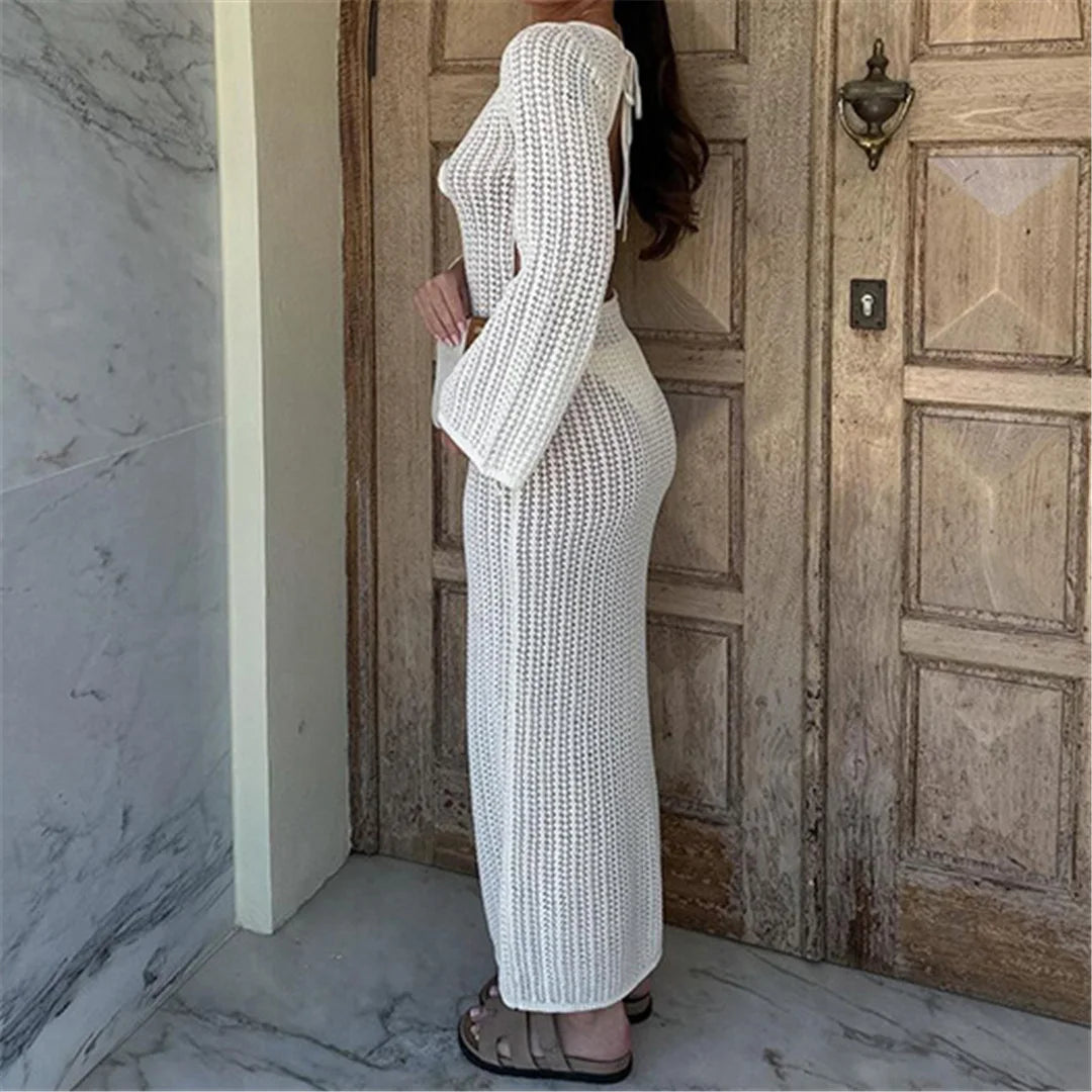 3D flower long sleeve crochet tunic, V-neck design, polyester solid pattern, women's beach cover-up, elegant and lightweight beachwear.