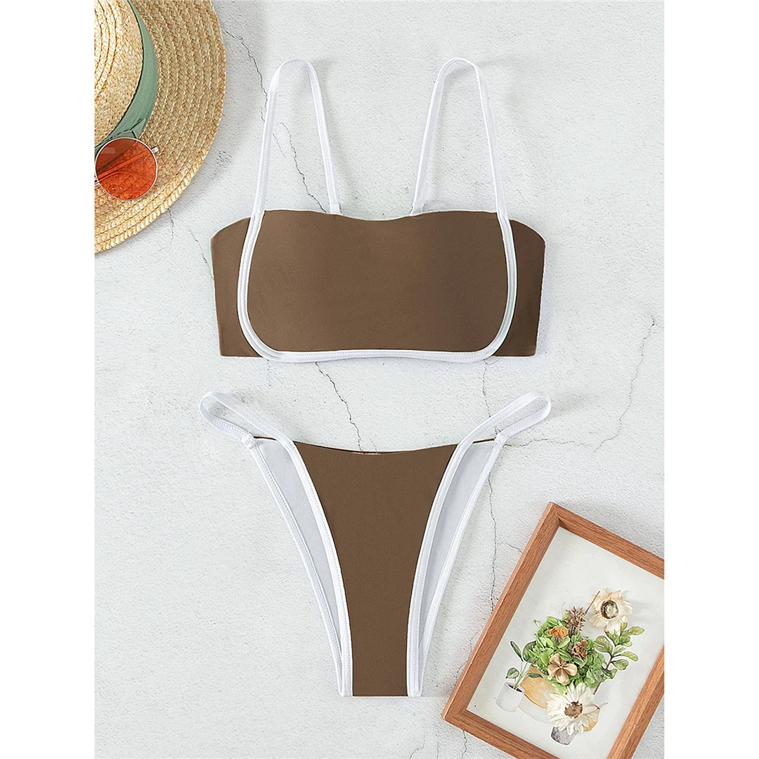 Ensemble de bikinis rembourrés pour femmes avec détails noués. Il allie confort et mode pour se prélasser avec style dans la piscine. Il est doté d'un support sans fil métallique, d'une taille basse et s'ajuste à la taille. Disponible en noir, vert, blanc et café.