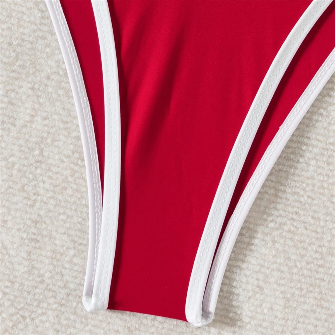 Halter Brazilian high cut bikini set in solid red with padded design for a confident and fashionable beach look.